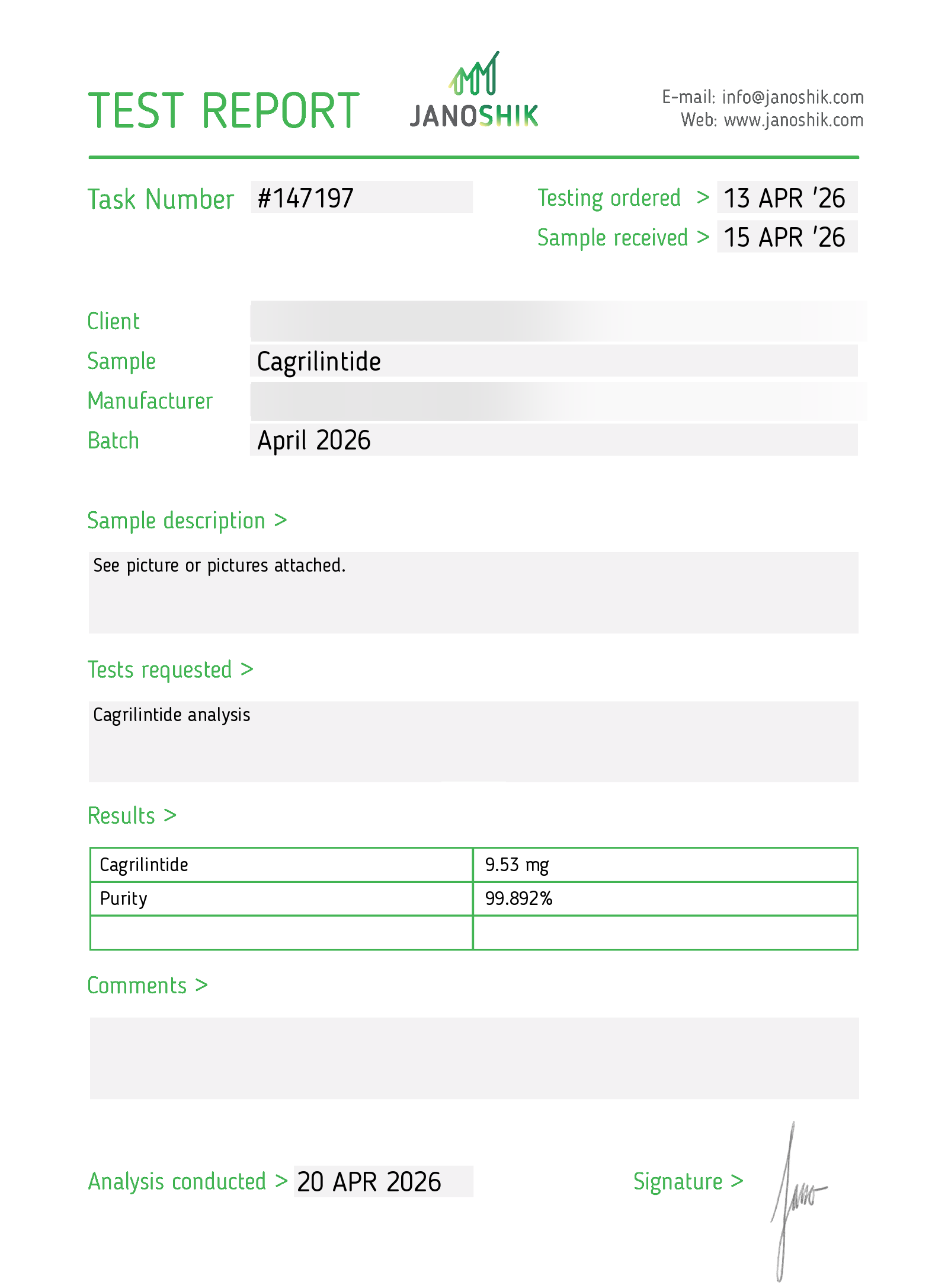 COA de Cagrilintida 10mg, lote SHWNSC5LVAD6