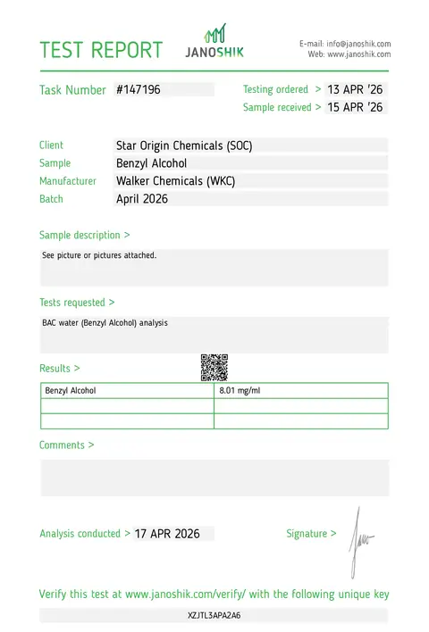 COA de Agua Bacteriostática 3ml