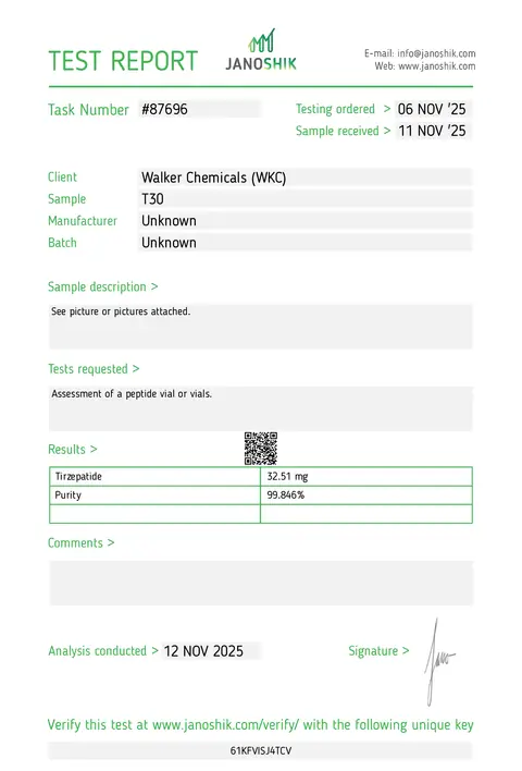 COA de Tirzepatida 30mg, lote TLL91VBD6SXC