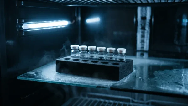 Nevera de laboratorio con viales de péptidos refrigerados a 2–8°C