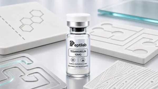 Vial Peptilab Tesamorelin 10mg sobre placa ceramica de separacion entre eje HGH IGF-1 y esteroides sin texto legible