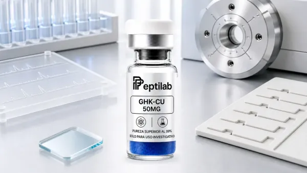 Vial Peptilab GHK-Cu 50mg sobre verificacion HPLC MS con placa de picos, inlet metalico y carril abstracto de trazabilidad de lote sin texto