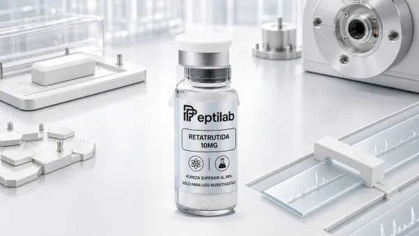 Vial Peptilab Retatrutida 10mg sobre cadena de custodia abstracta, portal de verificacion independiente y carriles HPLC MS sin texto