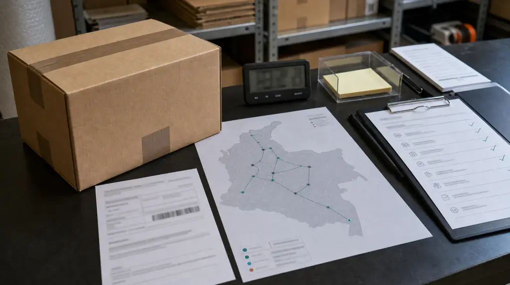 Paquete kraft sellado con mapa de rutas en Colombia, hoja de seguimiento y mesa de logística discreta