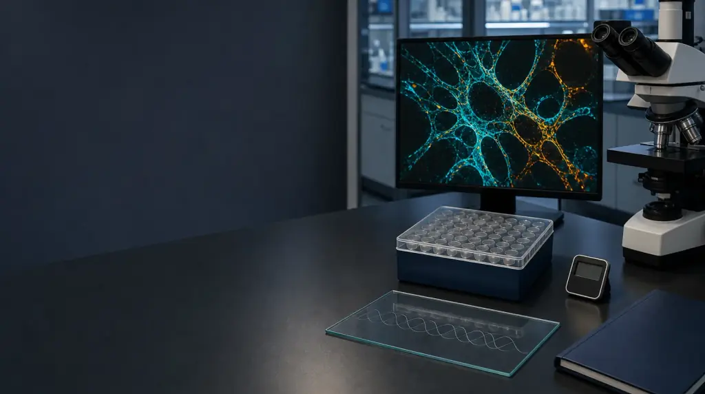 Mesa de investigación mitocondrial con monitor de redes celulares abstractas, criocaja cerrada, patrón helicoidal y cuaderno técnico