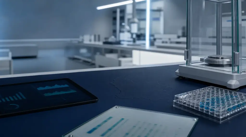Mesa de investigación metabólica con placa de ensayo multiwell, balanza analítica, cromatografía abstracta y mapa de Colombia sobre tapete navy