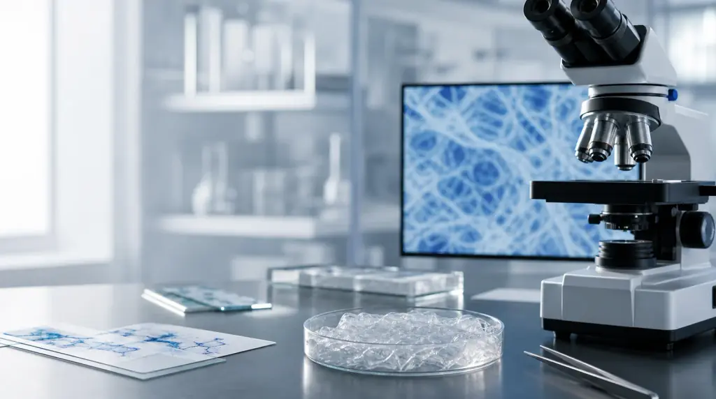 Mesa de investigación tisular con microscopio, matriz de hidrogel, portaobjetos con tinción azul y herramientas de laboratorio