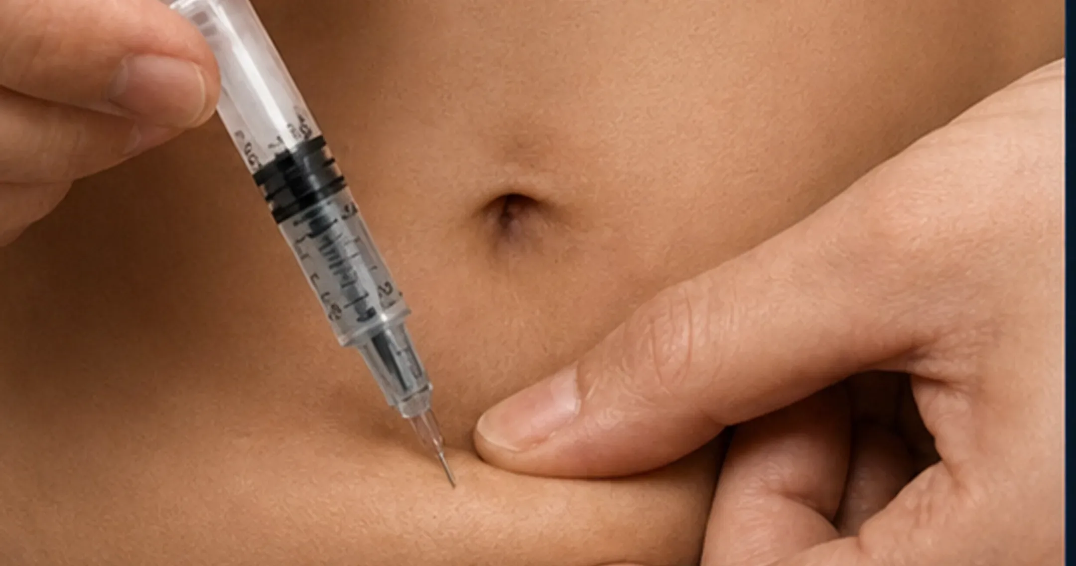 Jeringa de insulina acercándose al pliegue abdominal para inserción subcutánea