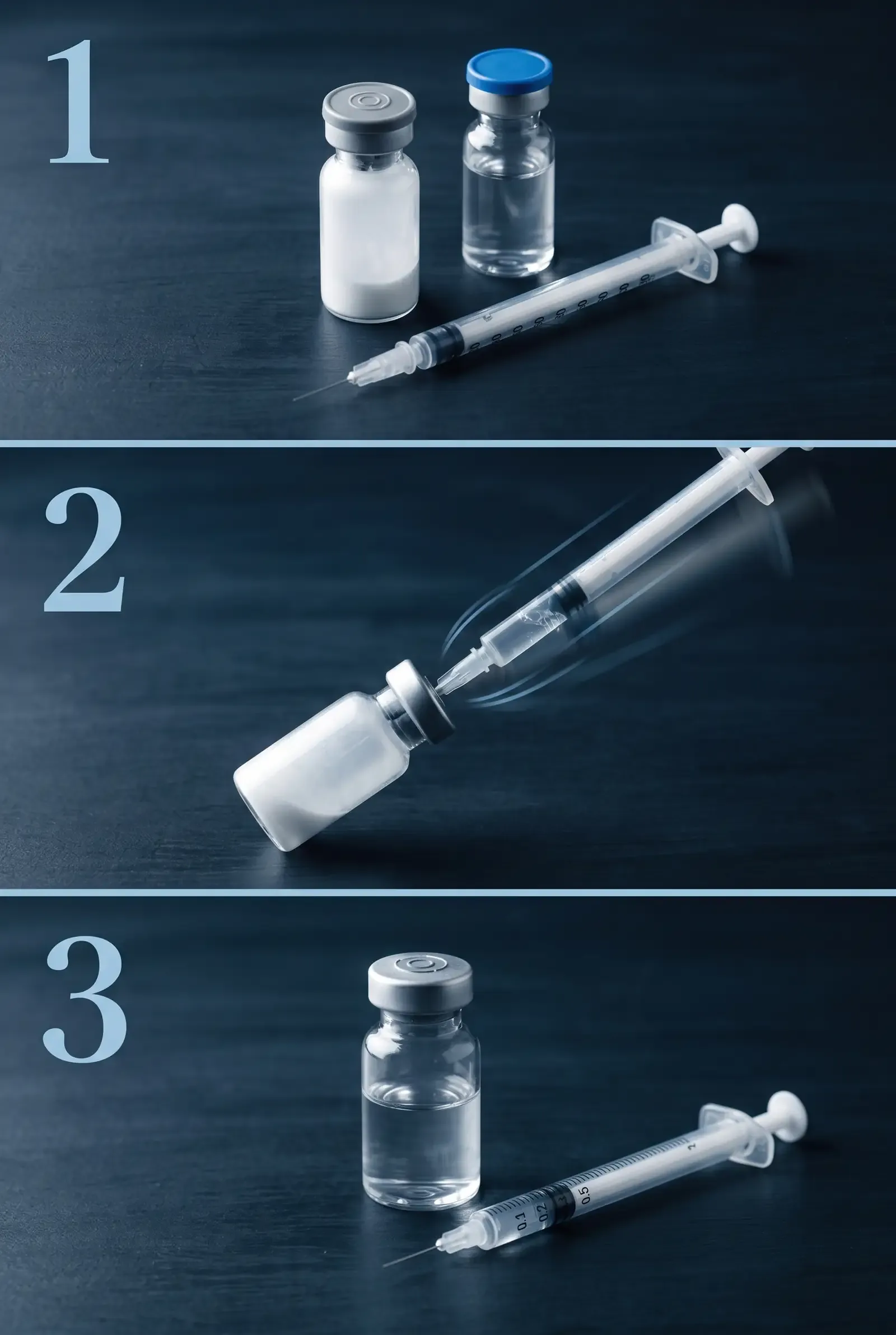 Infografía vertical de tres paneles mostrando la reconstitución de un péptido liofilizado: panel 1 con vial de péptido, vial de agua bacteriostática y jeringa U-100; panel 2 con la jeringa transfiriendo agua al vial de péptido; panel 3 con el vial reconstituido y jeringa de dosis cargada