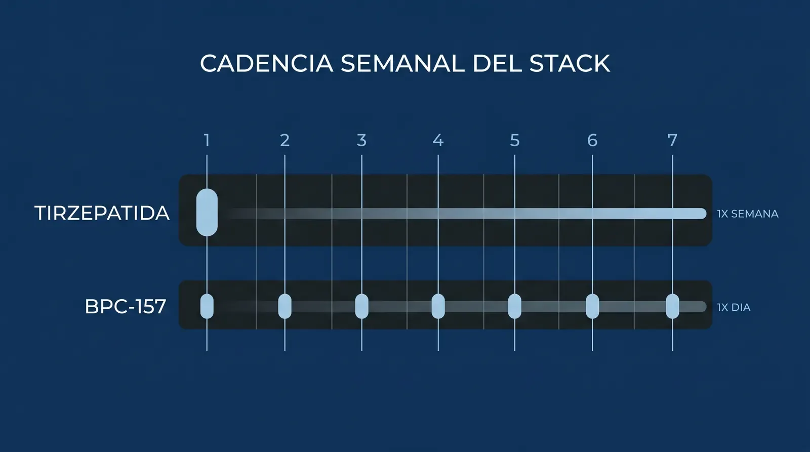 Diagrama editorial de cadencia semanal de un stack de investigación: pista superior Tirzepatida con una sola dosis ice-blue en día 1 (1X SEMANA), pista inferior BPC-157 con siete dosis ice-blue distribuidas en los 7 días (1X DIA)