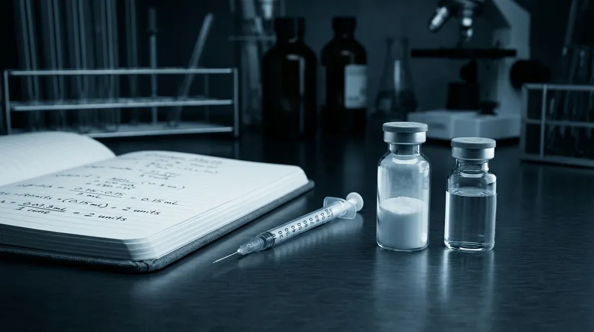 Cuaderno de investigación con cálculos de dosis, jeringa U-100, vial de péptido y vial de agua bacteriostática