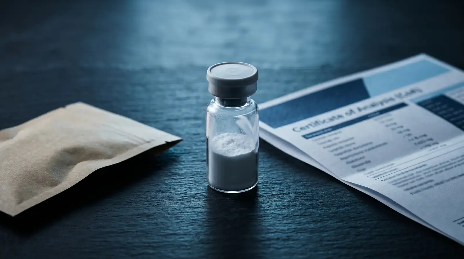 Vial de BPC-157 junto a certificado de análisis y paquete kraft de envío discreto sobre pizarra oscura