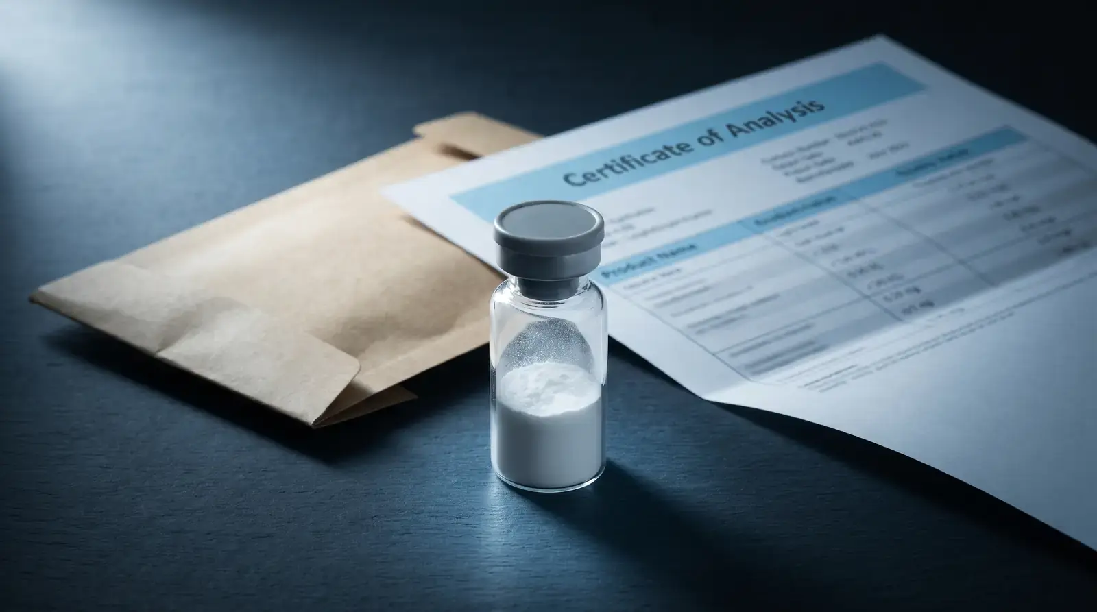Vial de Epithalon junto a certificado de análisis y paquete kraft de envío discreto sobre pizarra oscura
