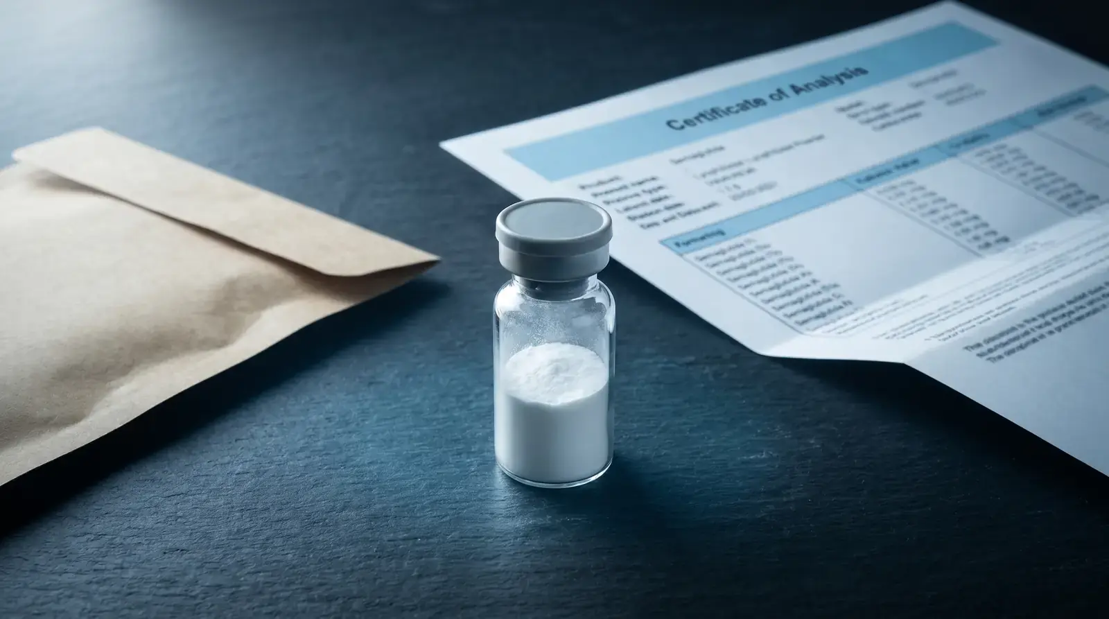 Vial de Semaglutida junto a certificado de análisis y paquete kraft de envío discreto sobre pizarra oscura