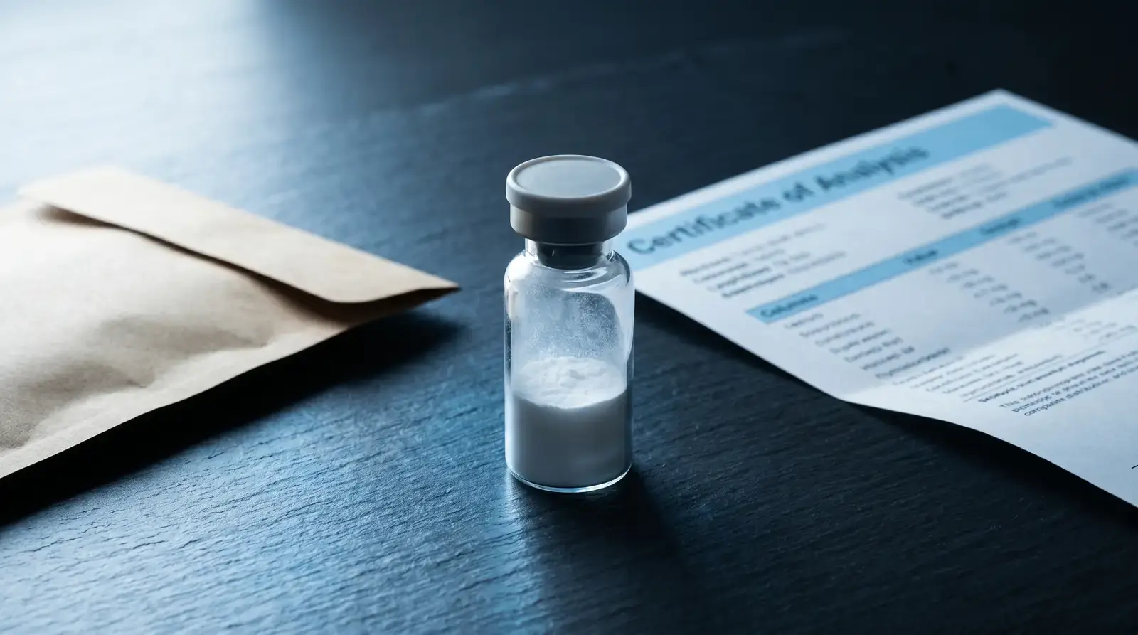 Vial de TB-500 junto a certificado de análisis y paquete kraft de envío discreto sobre pizarra oscura