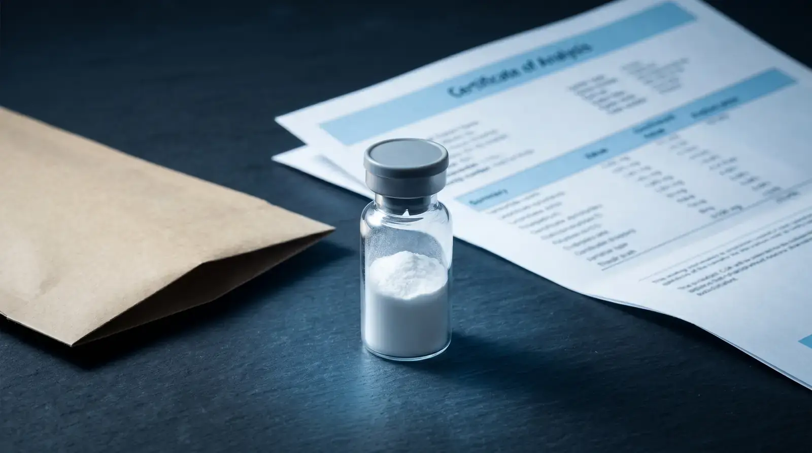 Vial de Tirzepatida junto a certificado de análisis y paquete kraft de envío discreto sobre pizarra oscura, composición de confianza