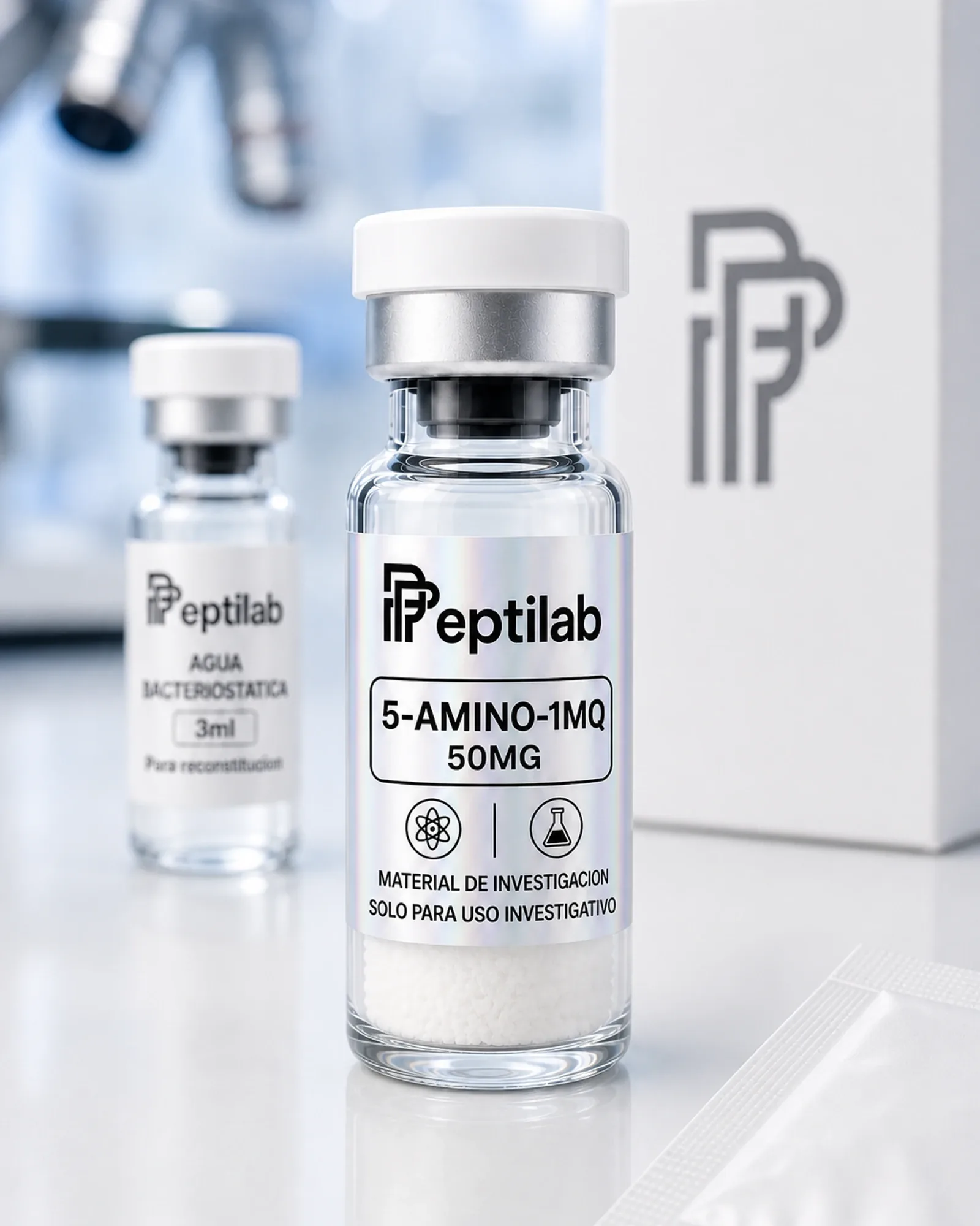 5-Amino-1MQ 50mg, vial de péptido liofilizado sobre certificado de análisis (COA) con datos de pureza HPLC