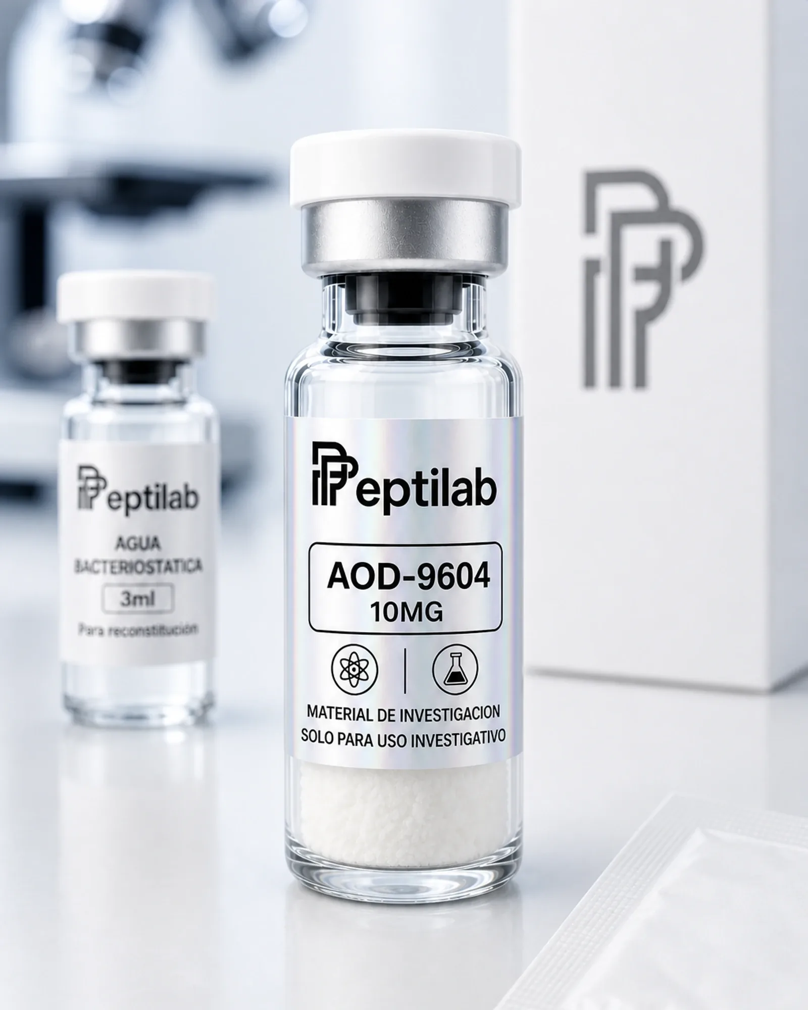 AOD-9604 10mg, vial de péptido liofilizado sobre certificado de análisis (COA) con datos de pureza HPLC
