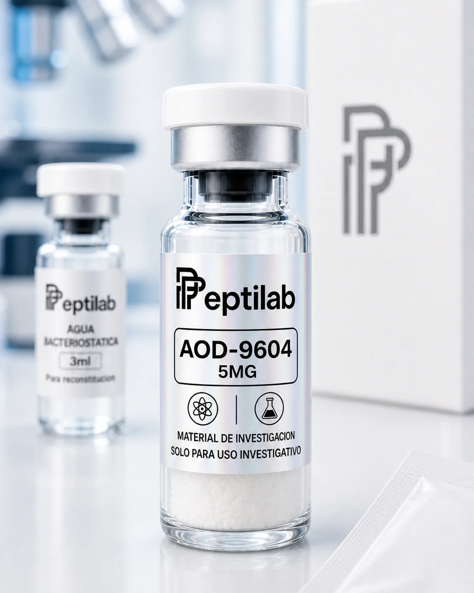 AOD-9604 5mg, vial de péptido liofilizado sobre certificado de análisis (COA) con datos de pureza HPLC