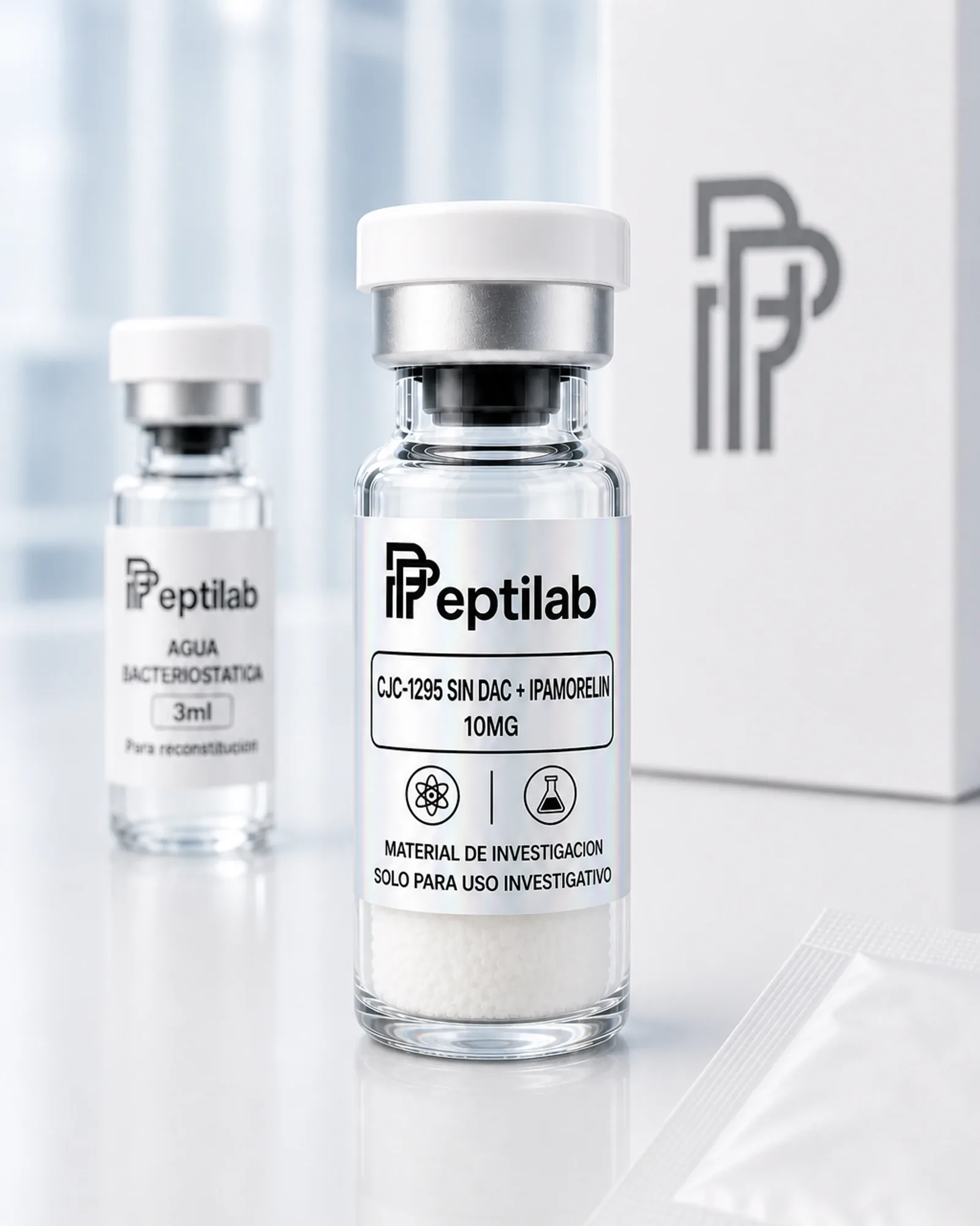 CJC-1295 sin DAC + Ipamorelin 10mg, vial de péptido liofilizado sobre certificado de análisis (COA) con datos de pureza HPLC
