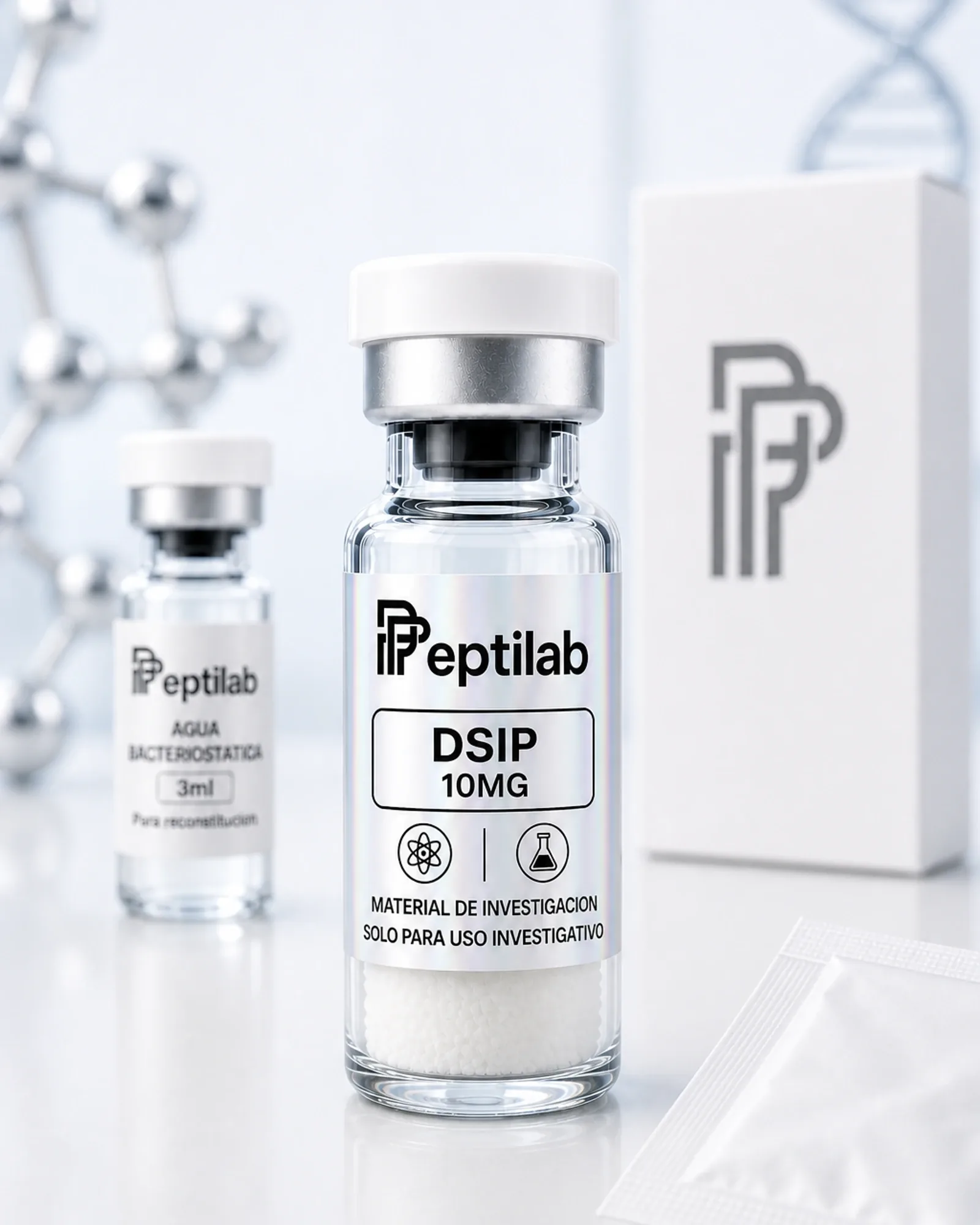 DSIP 10mg, vial de péptido liofilizado sobre certificado de análisis (COA) con datos de pureza HPLC