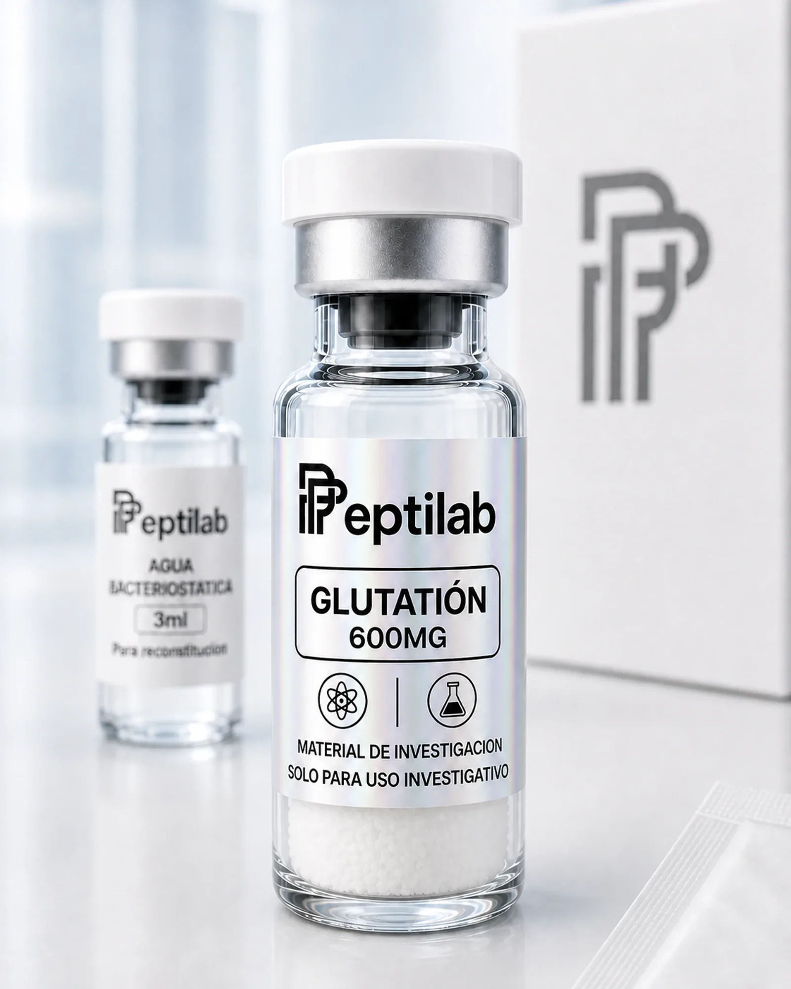 Glutatión 600mg, vial de péptido liofilizado sobre certificado de análisis (COA) con datos de pureza HPLC