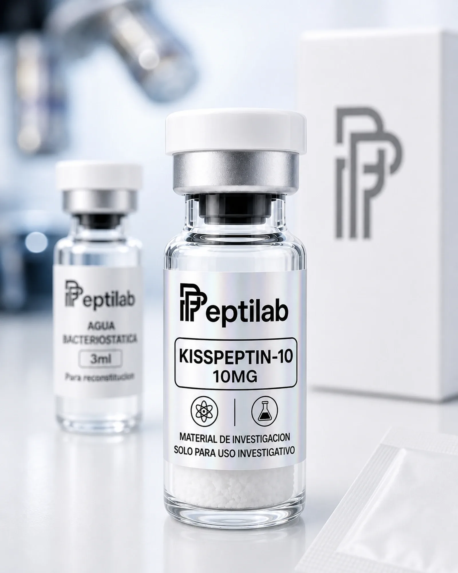 Vial de Kisspeptin-10 (KP-10) 10mg liofilizada para investigación neuroendocrina, con agua bacteriostática de 3ml incluida