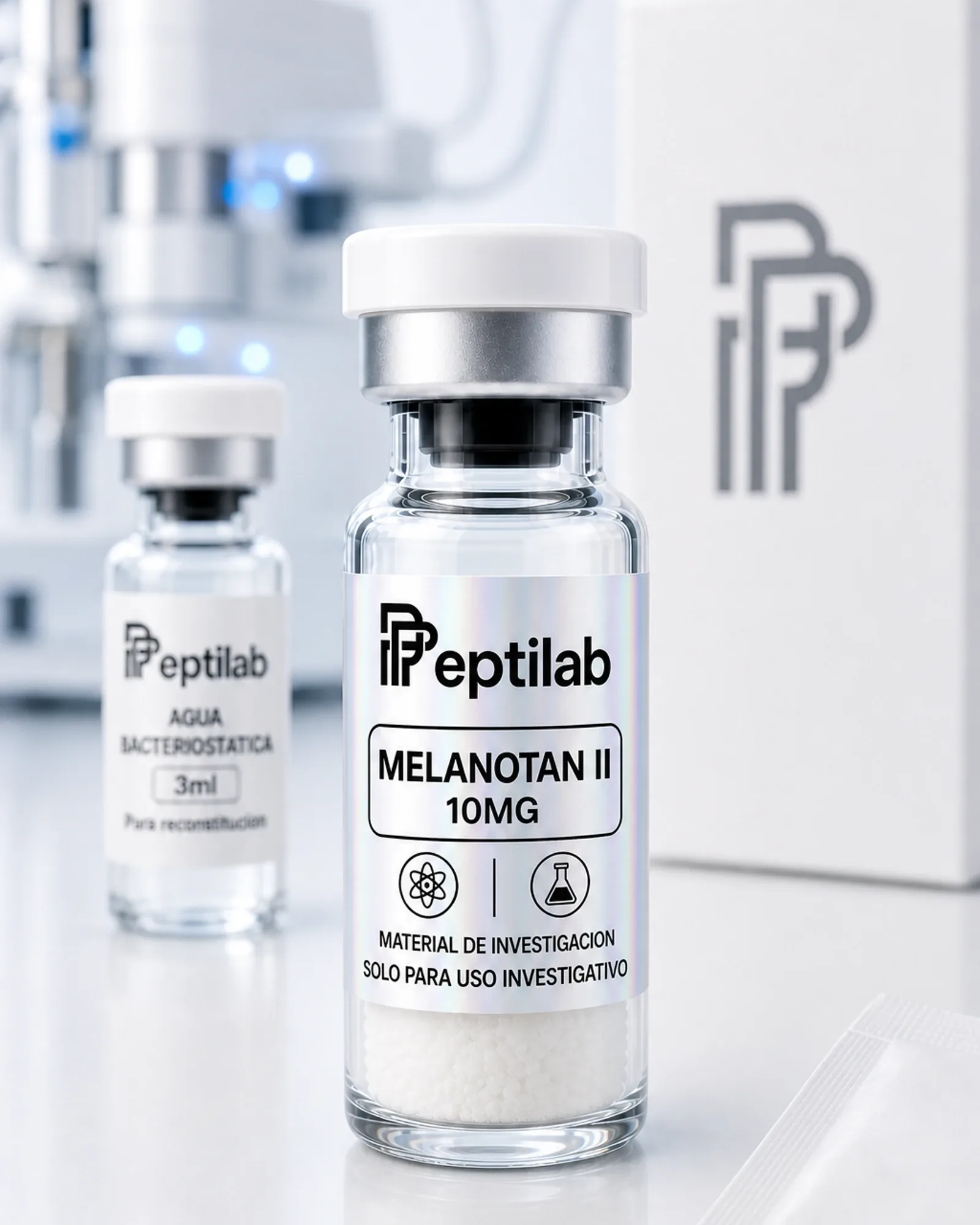 Melanotan II 10mg, vial de péptido liofilizado sobre certificado de análisis (COA) con datos de pureza HPLC
