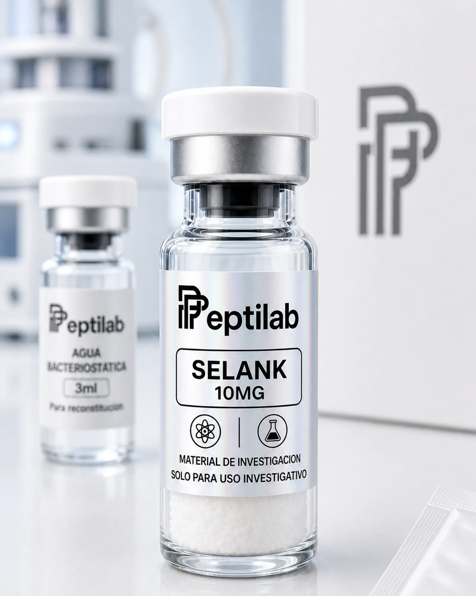 Selank 10mg, vial de péptido liofilizado sobre certificado de análisis (COA) con datos de pureza HPLC