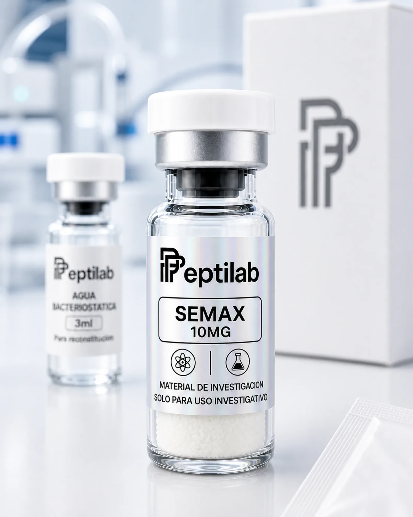 Semax 10mg, vial de péptido liofilizado sobre certificado de análisis (COA) con datos de pureza HPLC