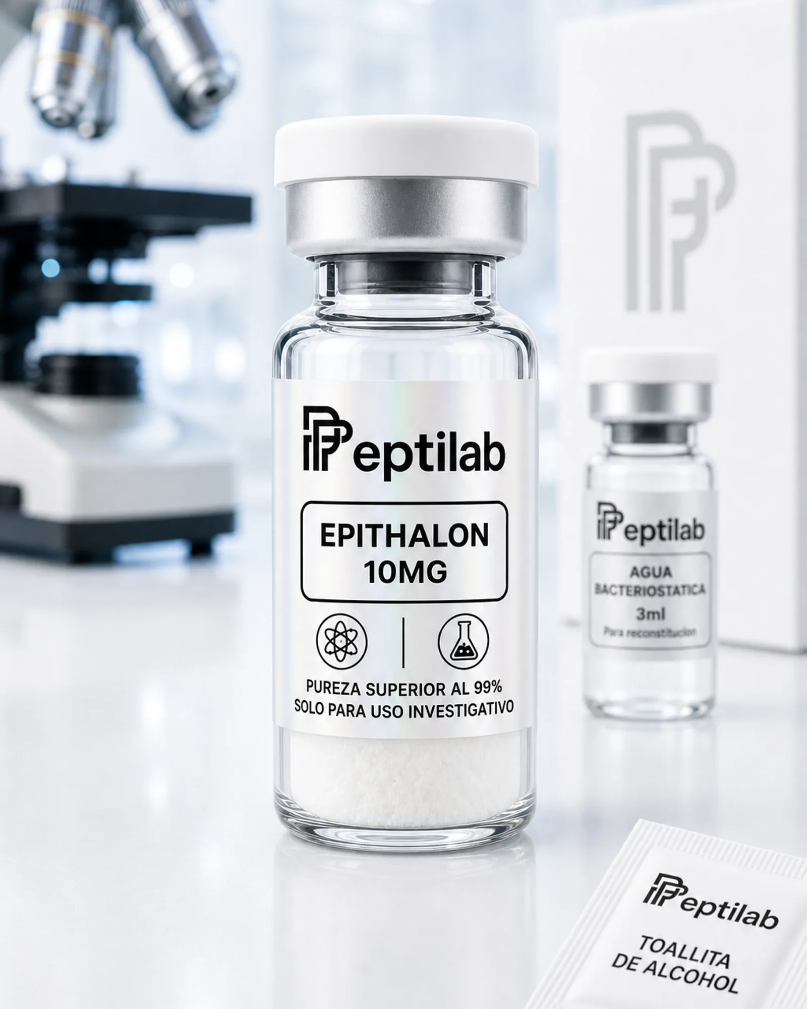 Vial de Epithalon 10mg liofilizado, tetrapéptido para investigación en marcadores de envejecimiento celular, RUO
