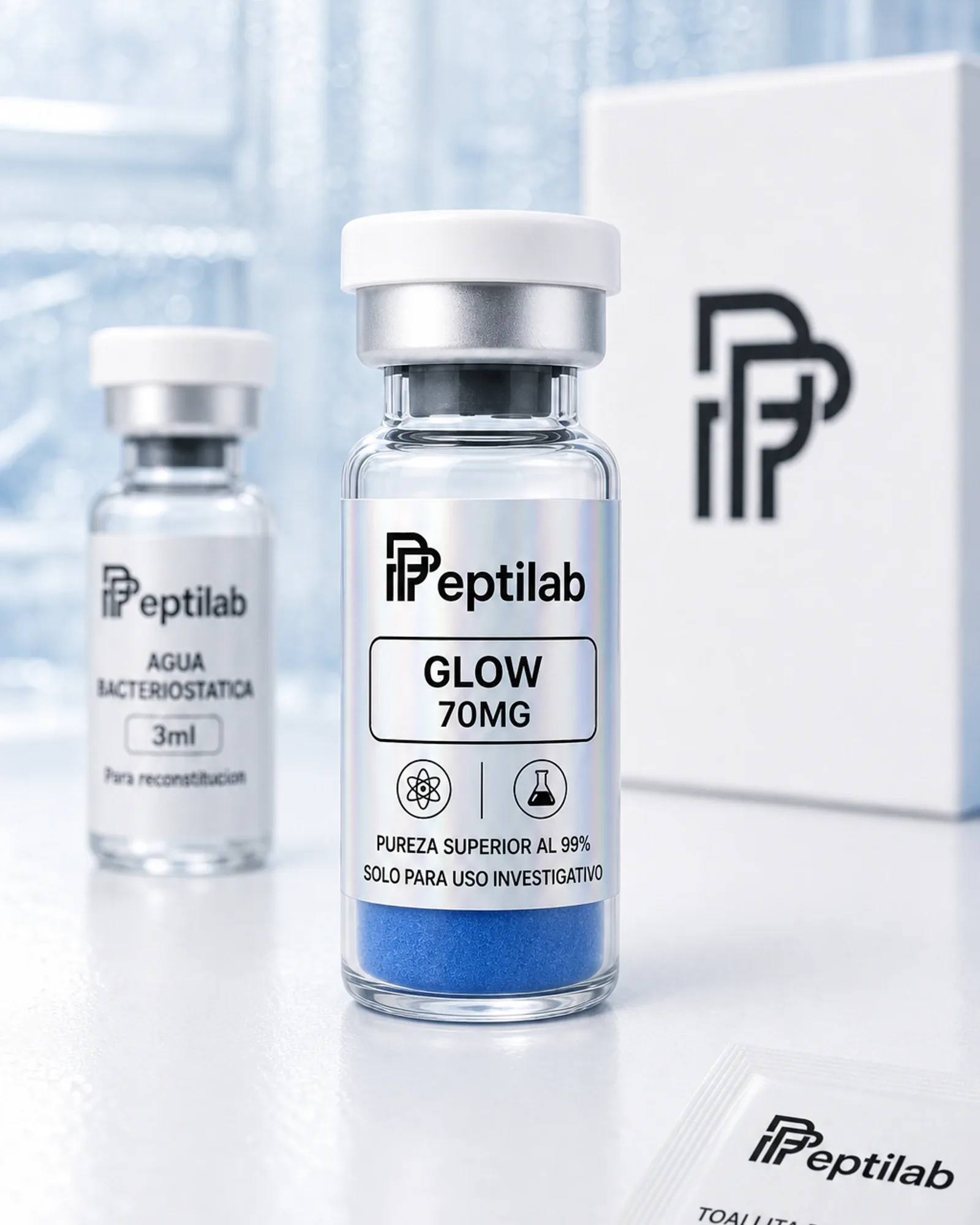 Vial blend GLOW 70mg con BPC-157, TB-500 y GHK-Cu, polvo azul pálido por el componente cúprico, RUO