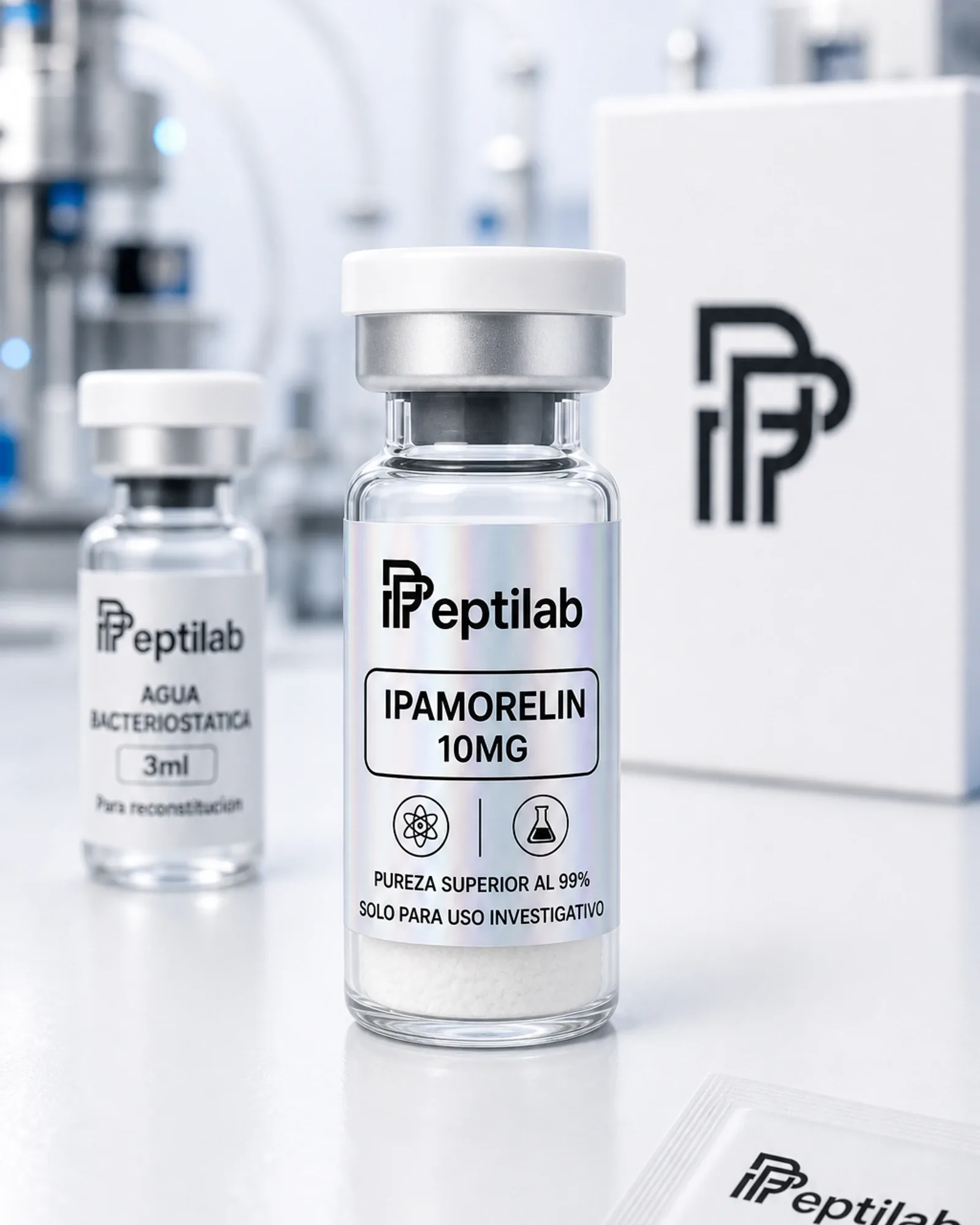 Vial de Ipamorelin liofilizada, agonista selectivo GHSR para investigación en secretagogos de hormona de crecimiento, RUO