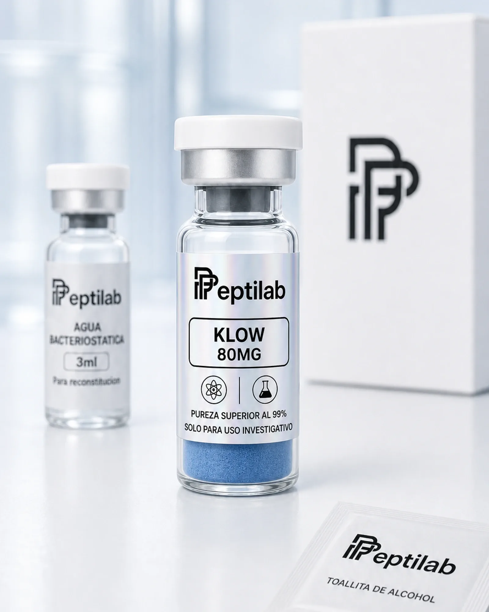 Vial blend KLOW 80mg con BPC-157, TB-500, GHK-Cu y KPV, polvo azul pálido por el componente cúprico, RUO