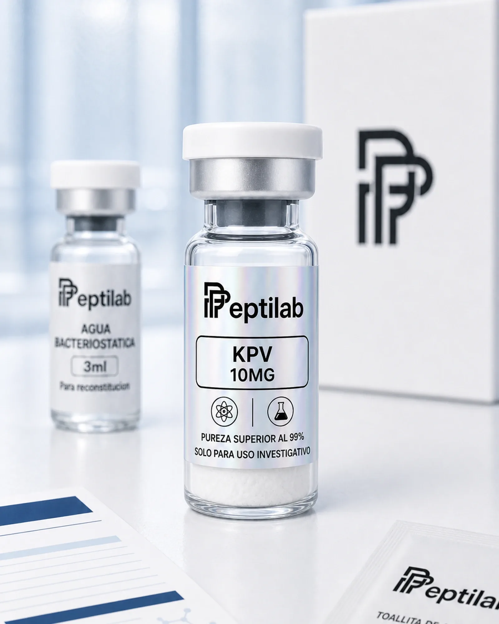 KPV 10mg, vial de péptido liofilizado sobre certificado de análisis (COA) con datos de pureza HPLC