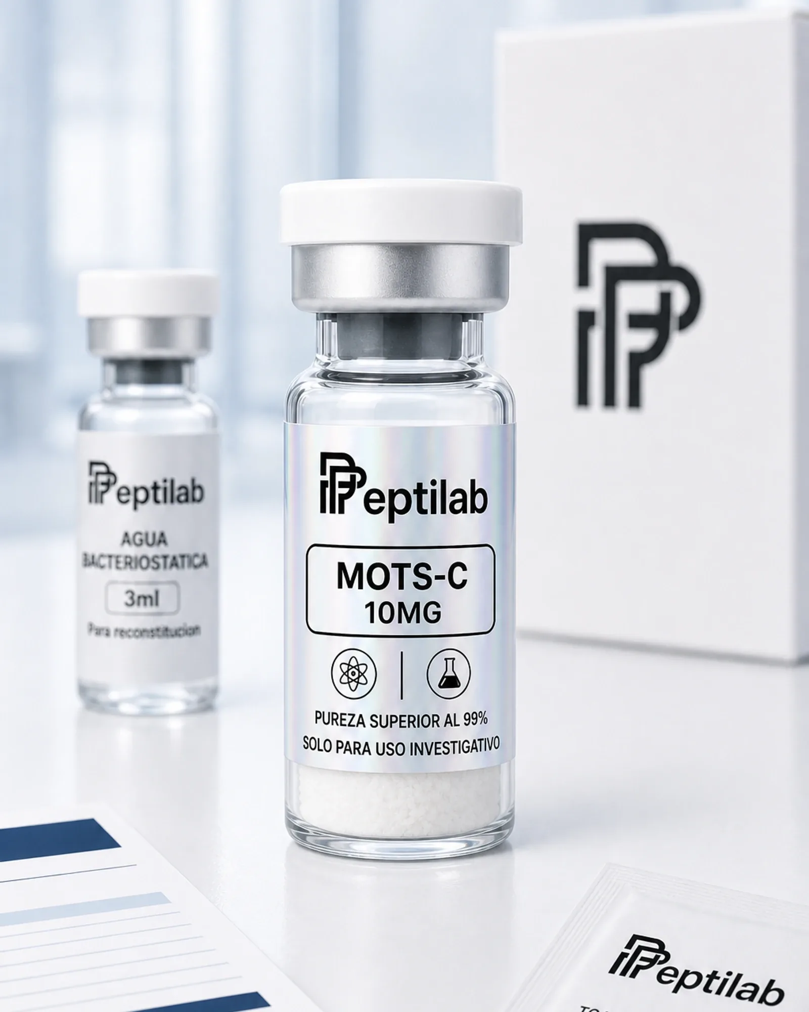 Vial de MOTS-c 10mg liofilizada, péptido mitocondrial endógeno codificado por ADN mitocondrial con activación AMPK, RUO