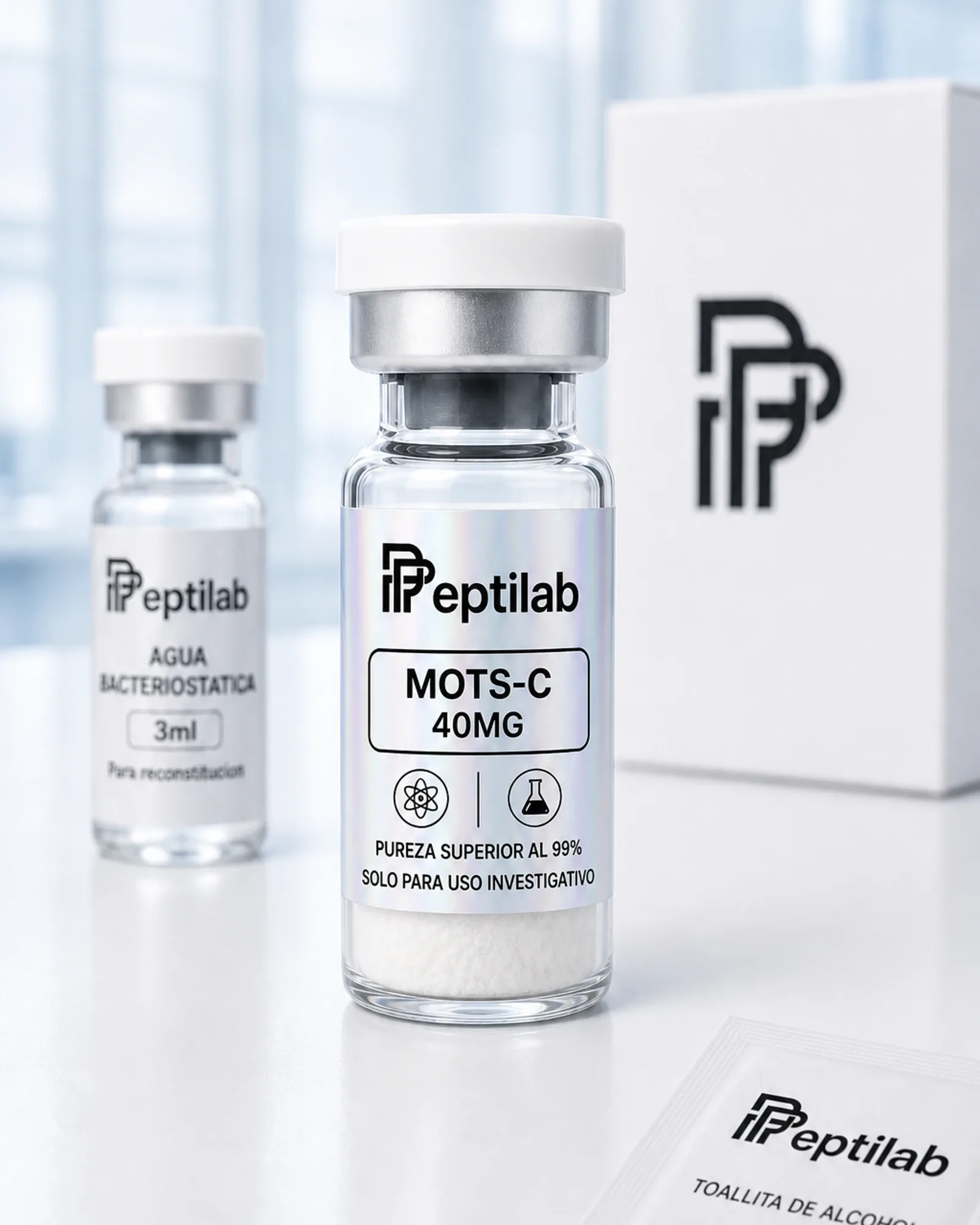 Vial de MOTS-c 40mg liofilizada en presentación grande para protocolos sostenidos, péptido mitocondrial RUO