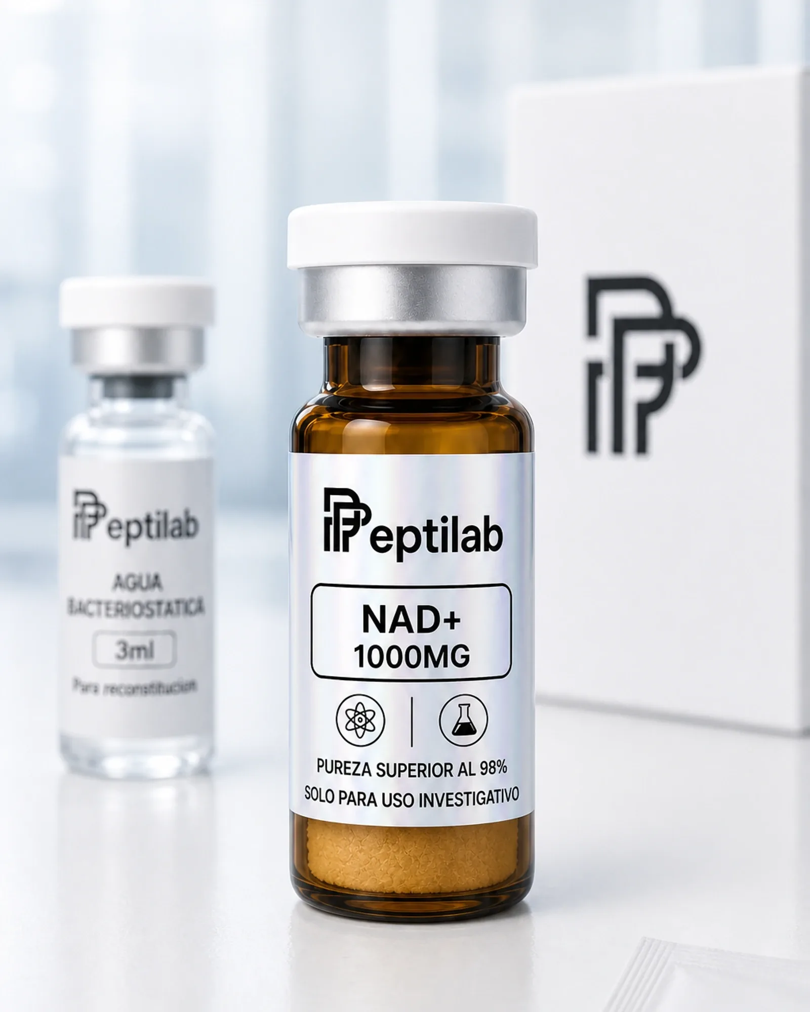 NAD+ 1000mg, vial de péptido liofilizado sobre certificado de análisis (COA) con datos de pureza HPLC