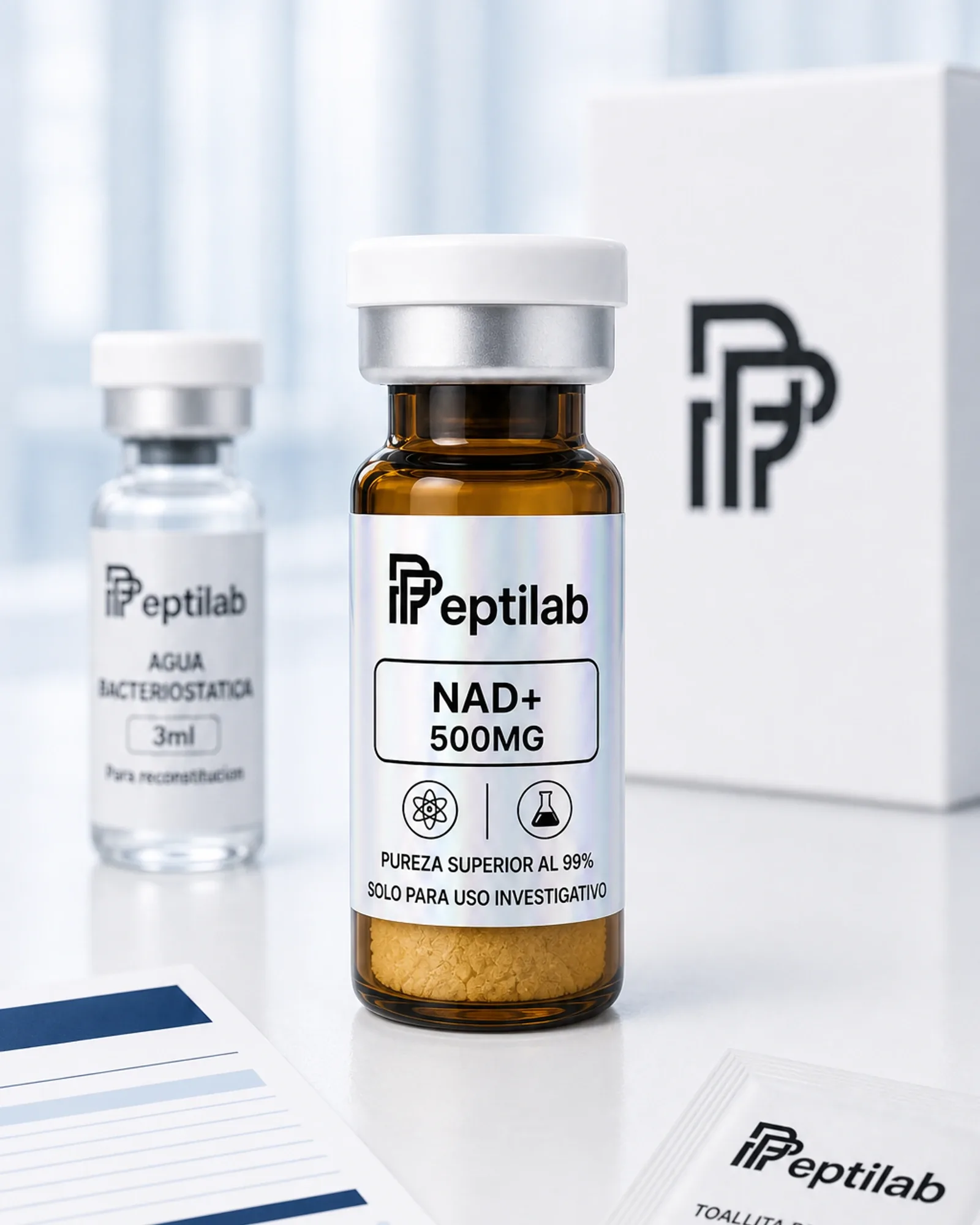 Vial de NAD+ 500mg liofilizado en vial ámbar fotosensible, cofactor enzimático nucleotídico para investigación de longevidad, RUO
