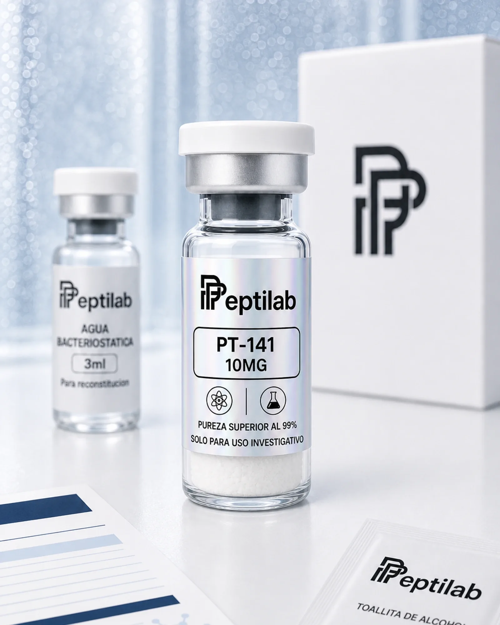 Vial RUO de PT-141 (Bremelanotida) 10mg liofilizada junto a referencia documental de la formulación Vyleesi