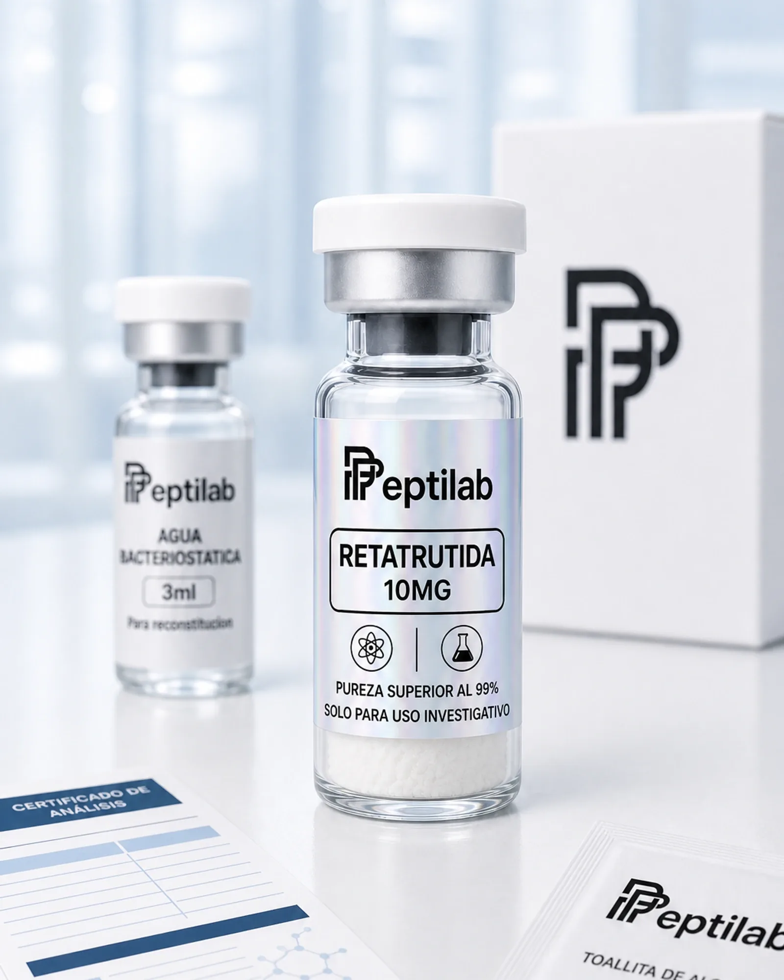 Vial de Retatrutida 10mg liofilizada, agonista triple de investigación GLP-1/GIP/glucagón, polvo blanco RUO