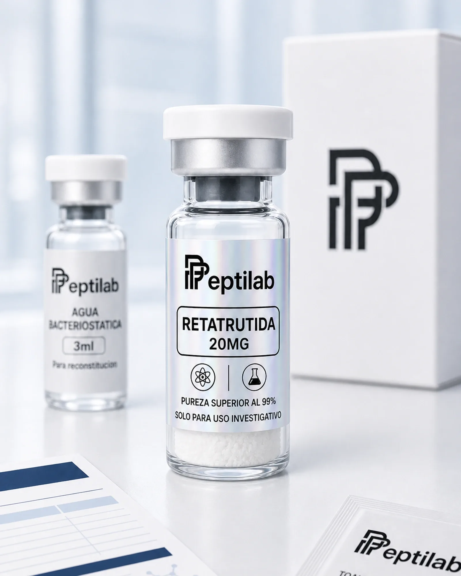 Vial de Retatrutida 20mg liofilizada, agonista triple de investigación GLP-1/GIP/glucagón, polvo blanco RUO