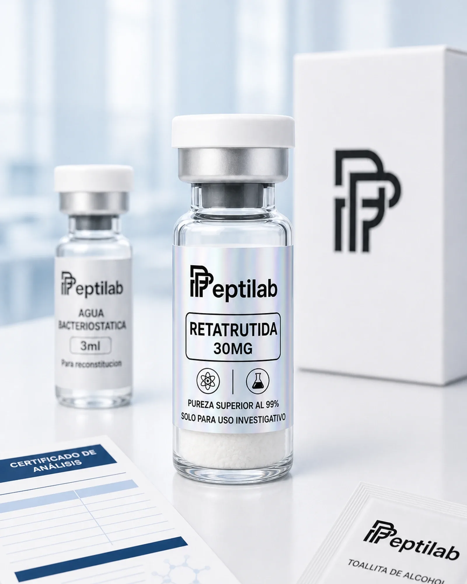 Vial de Retatrutida 30mg liofilizada, agonista triple de investigación GLP-1/GIP/glucagón, polvo blanco RUO