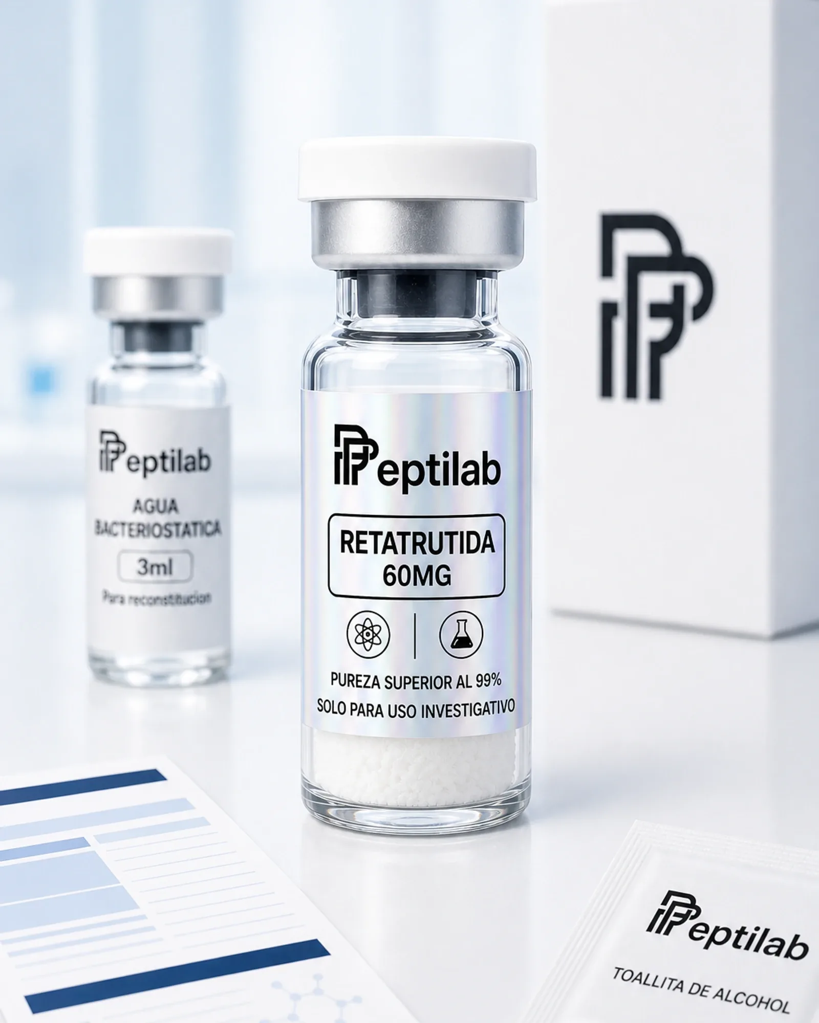 Vial de Retatrutida 60mg liofilizada, agonista triple de investigación GLP-1/GIP/glucagón, presentación concentrada RUO