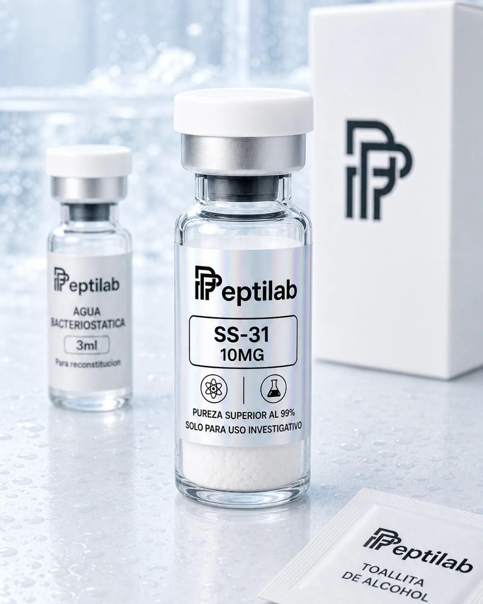Vial de SS-31 (elamipretide) 10mg liofilizada con ligera tonalidad teal, péptido mitocondrial para investigación de enfermedades genéticas, RUO