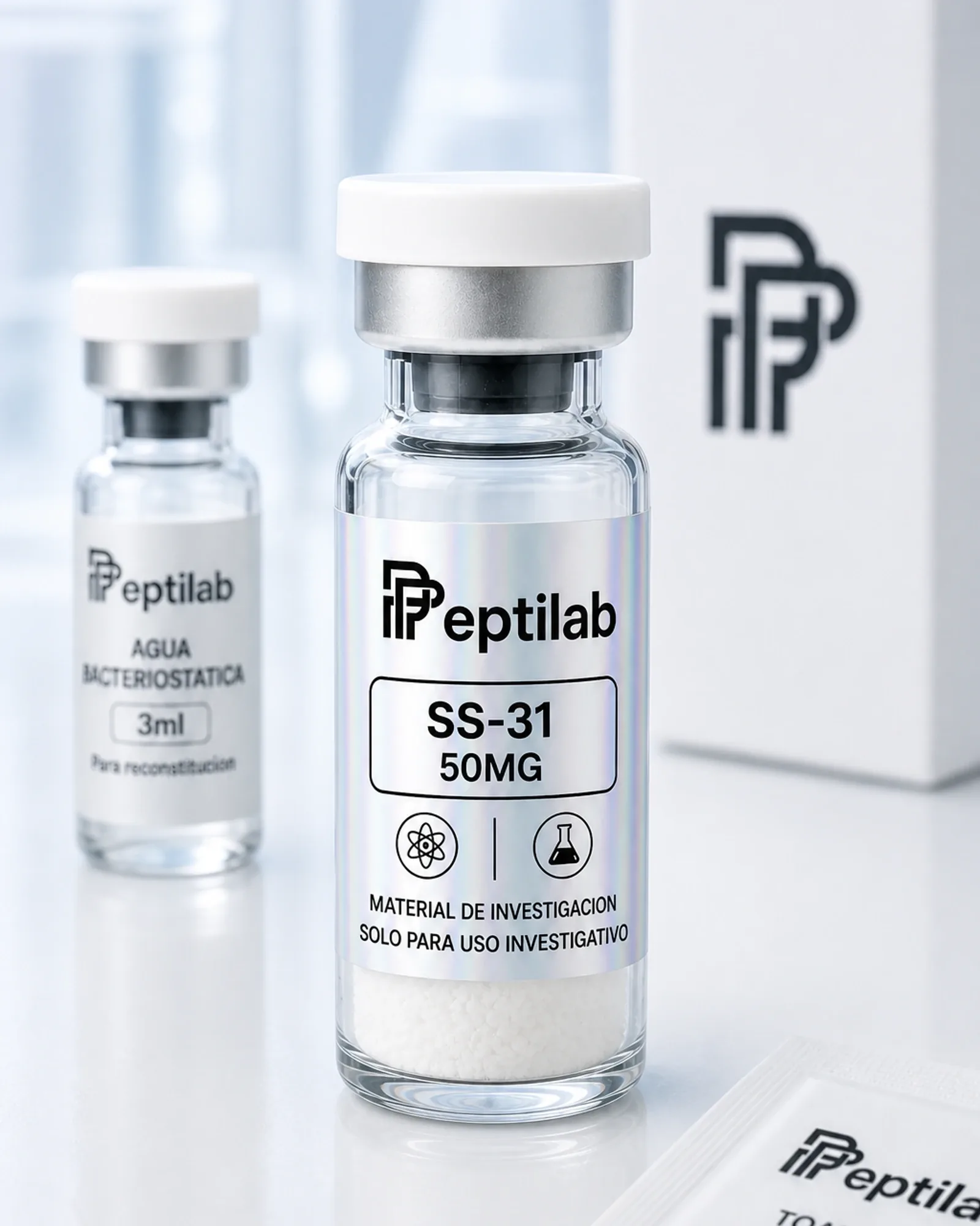 Vial de SS-31 (elamipretide) 10mg liofilizada con ligera tonalidad teal, péptido mitocondrial para investigación de enfermedades genéticas, RUO