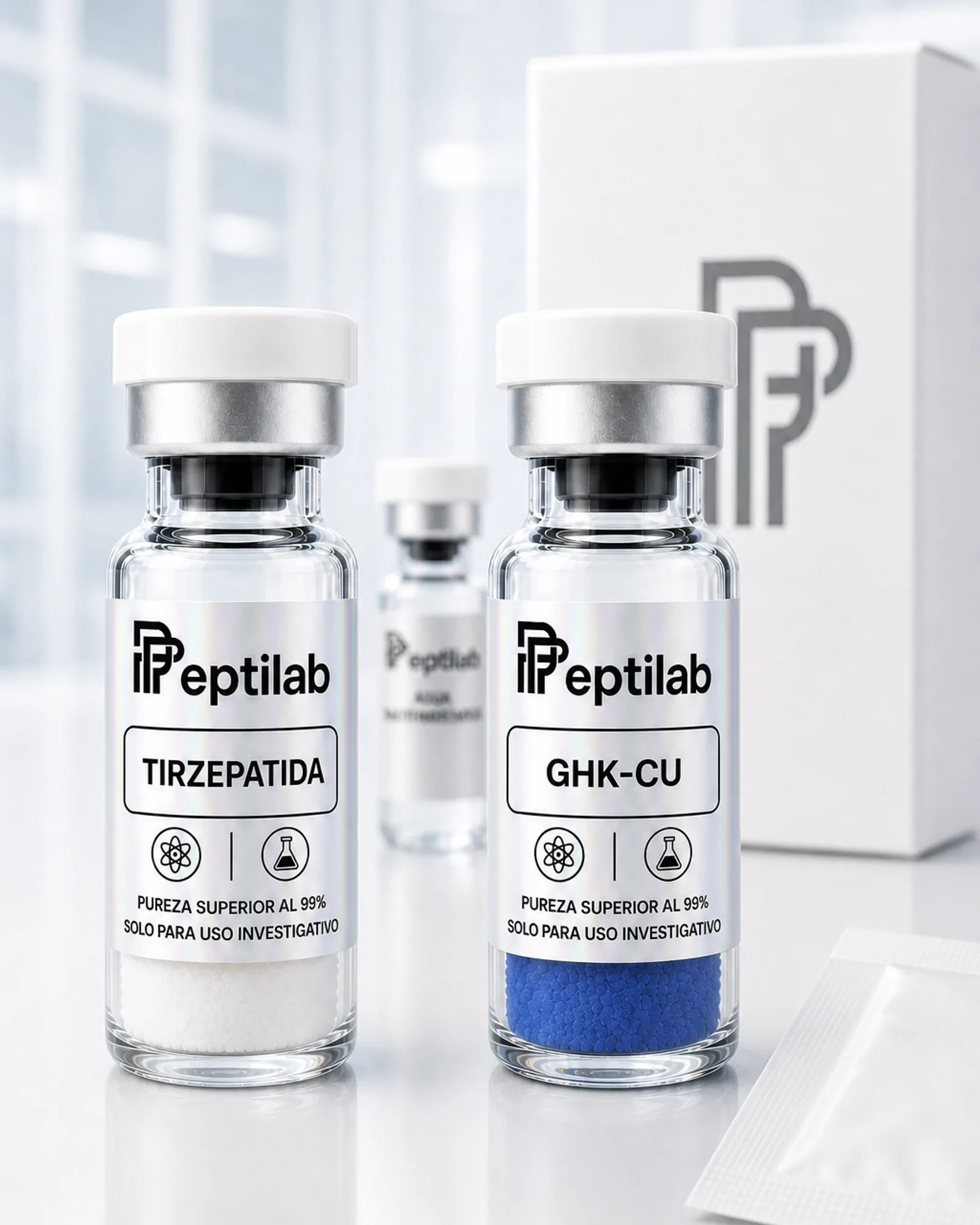 Stack Peso y Piel: viales liofilizados de Tirzepatida 10mg y GHK-Cu 50mg en bundle de investigación RUO