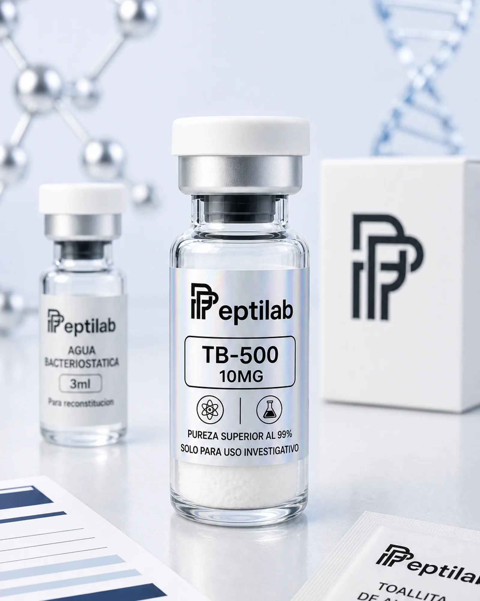 Vial de TB-500 10mg liofilizado para investigación en reparación tisular y angiogénesis, RUO