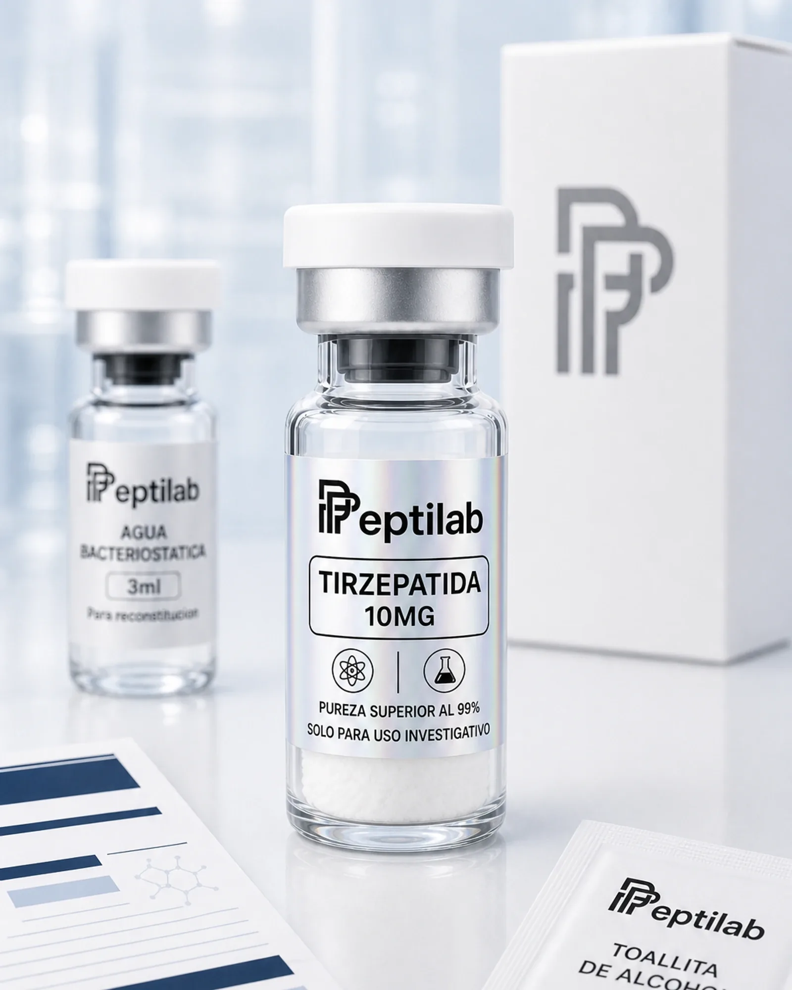Vial de Tirzepatida 10mg liofilizada de uso investigativo (RUO), polvo blanco en vial de borosilicato