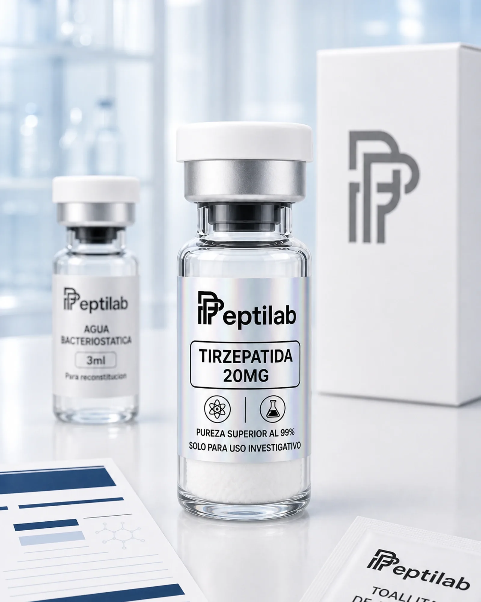 Vial de Tirzepatida 20mg liofilizada de uso investigativo (RUO), presentación intermedia para investigación metabólica